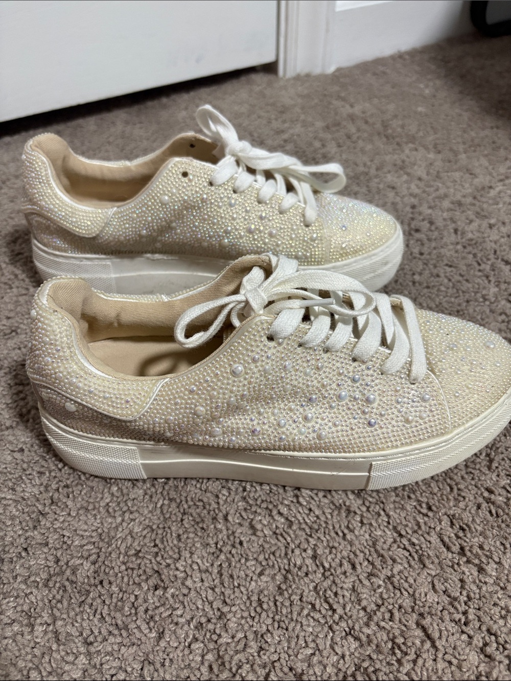 adidas Cream Pearl-Embellished Platform Sneakers